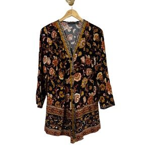 SUSAN GRAVER Printed 3/4 Sleeve Button-Front Woven Cardigan Black Spice XXS